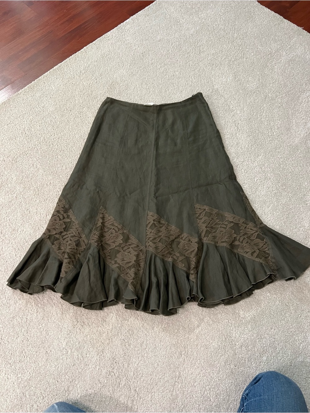 Nine West Olive Green A-Line Skirt with Lace Panels